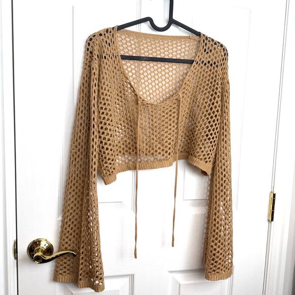 Unbranded Sweaters - Crochet Mesh Cropped Sweater L Open Weave Festival Boho Beach Cover Up Top Y2K